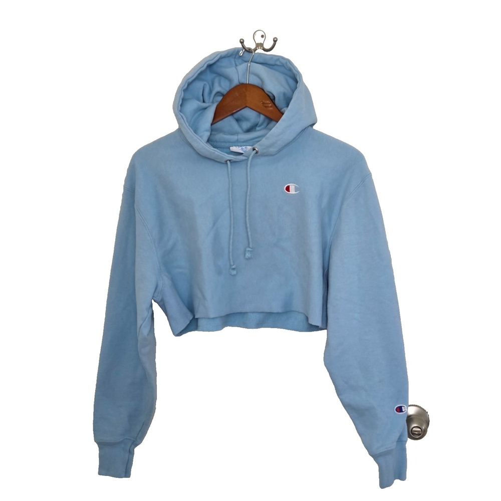 Champion Women's Reverse Weave Cropped Hoodie Sweatshirt Blue Size X S